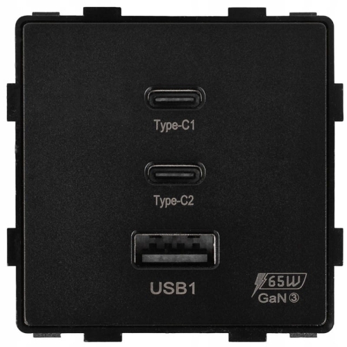 Moduł Gniazdo Potrójna Ładowarka USB 65W A+C+C Czarny do Ramek