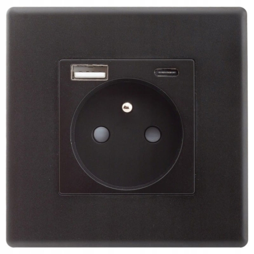 Gniazdo Czarne z Bolcem + Gniazdo USB A + C Zestaw z Ramką PCV