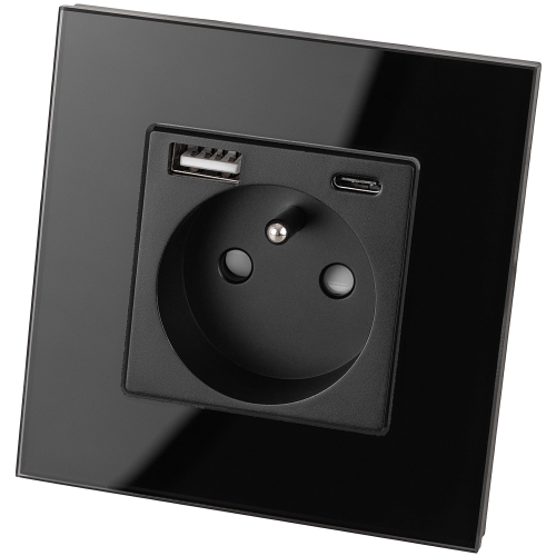 Gniazdo Szklane Kontakt + 2 x USB A+C 2.4A Czarne