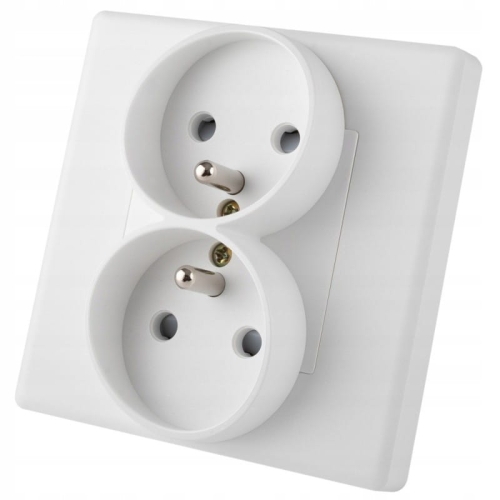 Gniazdo Gniazdko Podwójne Białe z Bolcem Zestaw z Ramką PCV