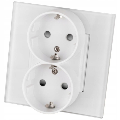 Gniazdo Podwójne Szklane Schuko z Uziemieniem bez Bolca Białe