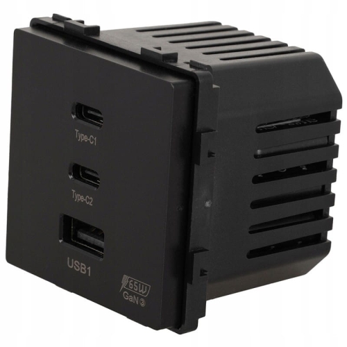 Moduł Gniazdo Potrójna Ładowarka USB 65W A+C+C Czarny do Ramek