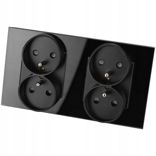 Gniazdo Podwójne Szklane Czarne Zestaw Ramka Podwójna i 2 x Gniazdko