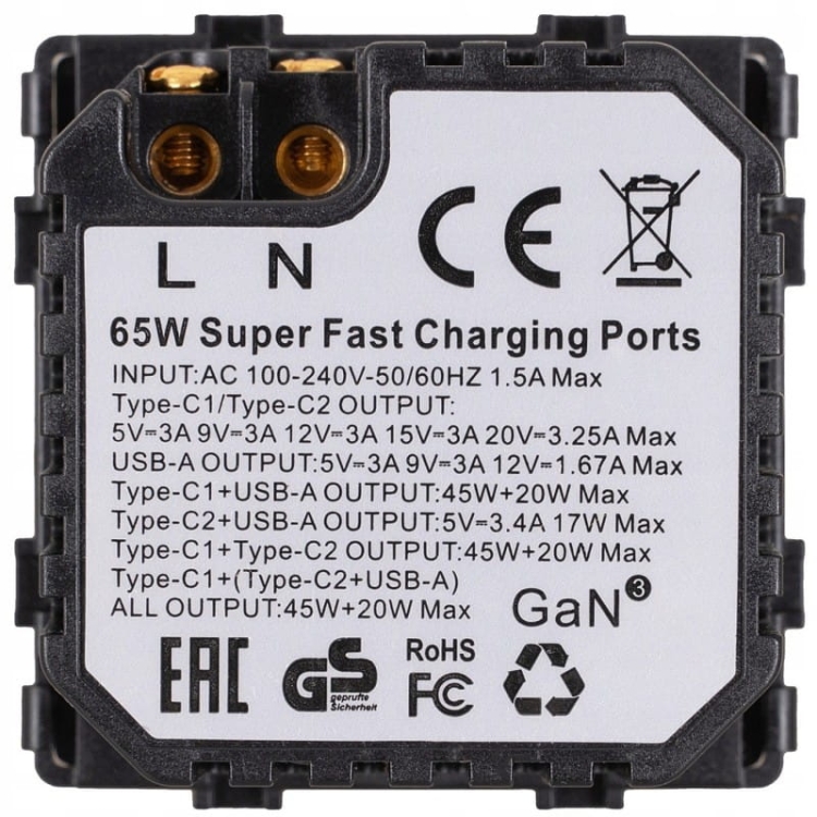 Moduł Gniazdo Potrójna Ładowarka USB 65W A+C+C Czarny do Ramek