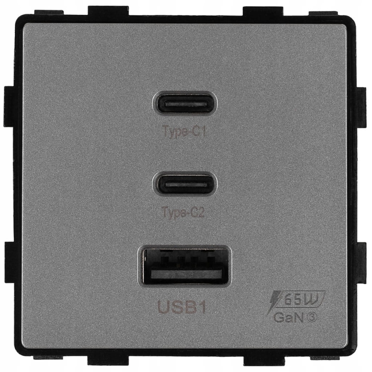 Moduł Gniazdo Potrójna Ładowarka USB 65W A+C+C Szara do Ramek