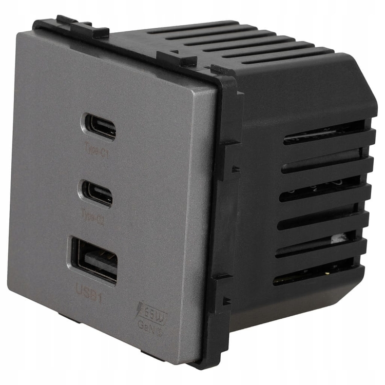 Moduł Gniazdo Potrójna Ładowarka USB 65W A+C+C Szara do Ramek