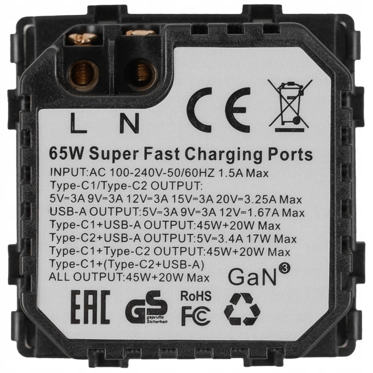 Moduł Gniazdo Potrójna Ładowarka USB 65W A+C+C Szara do Ramek
