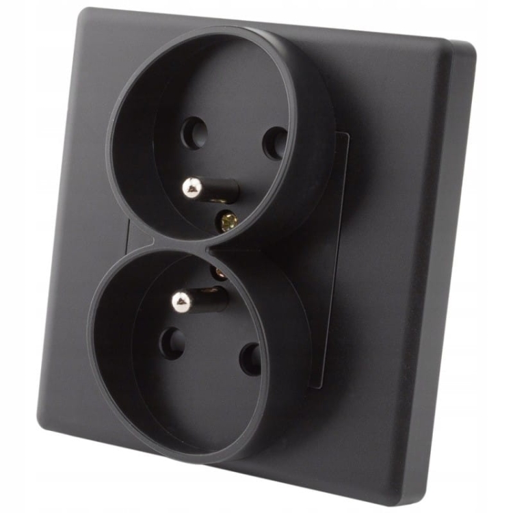 Gniazdo Gniazdko Podwójne Czarne z Bolcem Zestaw z Ramką PCV