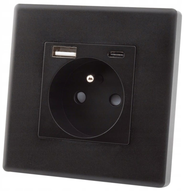 Gniazdo Czarne z Bolcem + Gniazdo USB A + C Zestaw z Ramką PCV