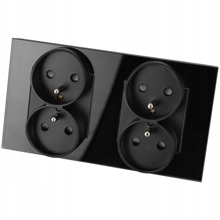 Gniazdo Podwójne Szklane Czarne Zestaw Ramka Podwójna i 2 x Gniazdko