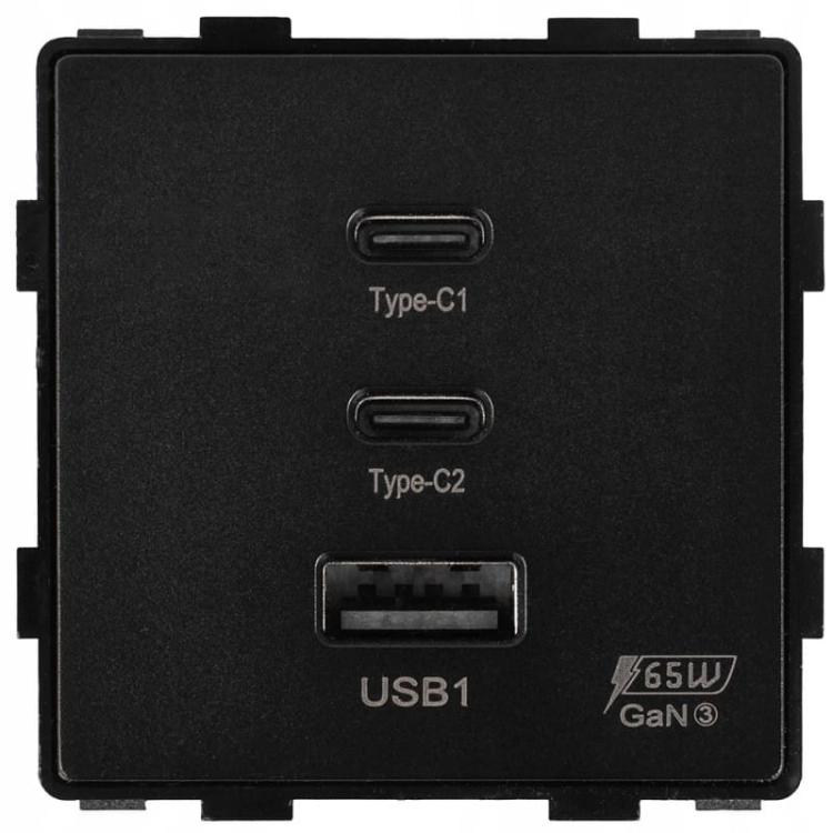 Moduł Gniazdo Potrójna Ładowarka USB 65W A+C+C Czarny do Ramek