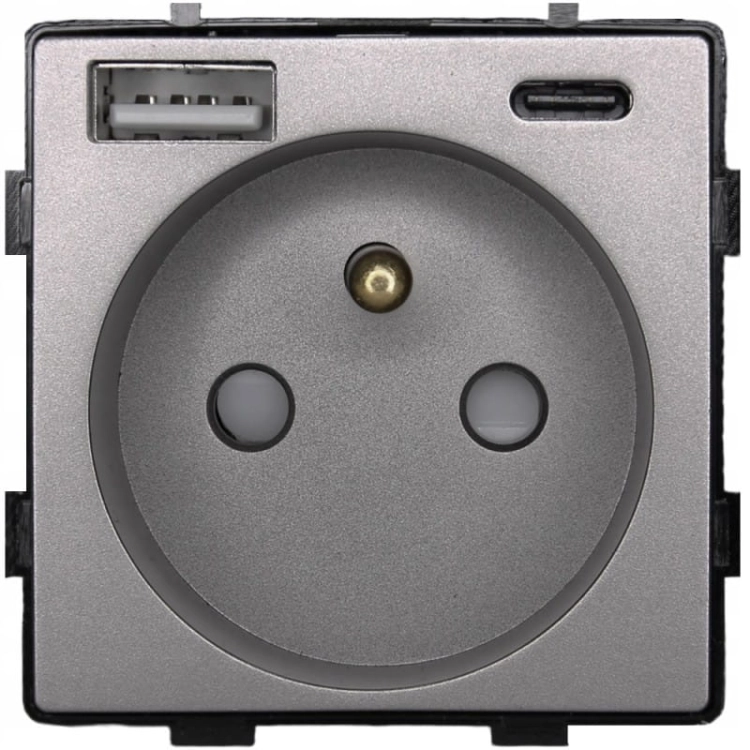 Moduł Gniazdo z Bolcem Szare + Podwójna Ładowarka USB 2.4A Typ A+C do Ramek