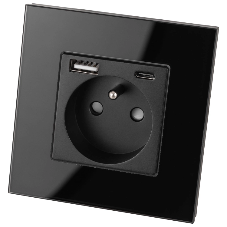 Gniazdo Szklane Kontakt + 2 x USB A+C 2.4A Czarne