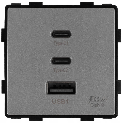 Moduł Gniazdo Potrójna Ładowarka USB 65W A+C+C Szara do Ramek