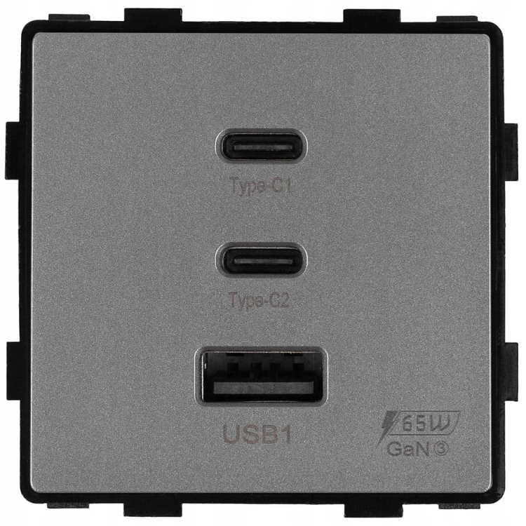 Moduł Gniazdo Potrójna Ładowarka USB 65W A+C+C Szara do Ramek