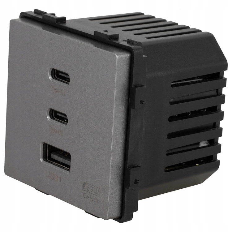 Moduł Gniazdo Potrójna Ładowarka USB 65W A+C+C Szara do Ramek