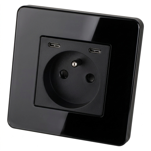 Gniazdo Szklane POŁYSK + Podwójna Ładowarka USB C+C 20W Czarne MIUUN