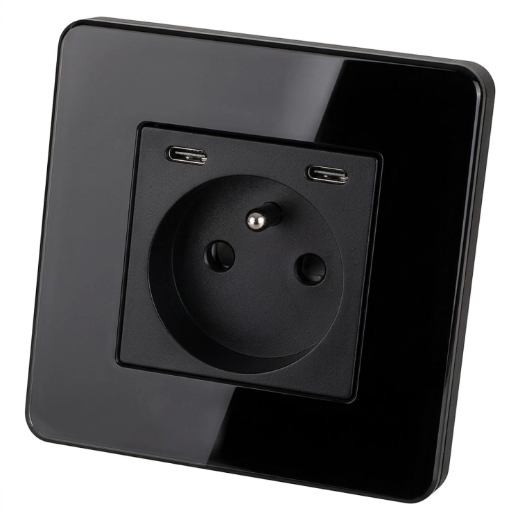 Gniazdo Szklane POŁYSK + Podwójna Ładowarka USB C+C 20W Czarne MIUUN