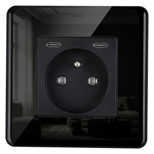 Gniazdo Szklane POŁYSK + Podwójna Ładowarka USB C+C 20W Czarne MIUUN