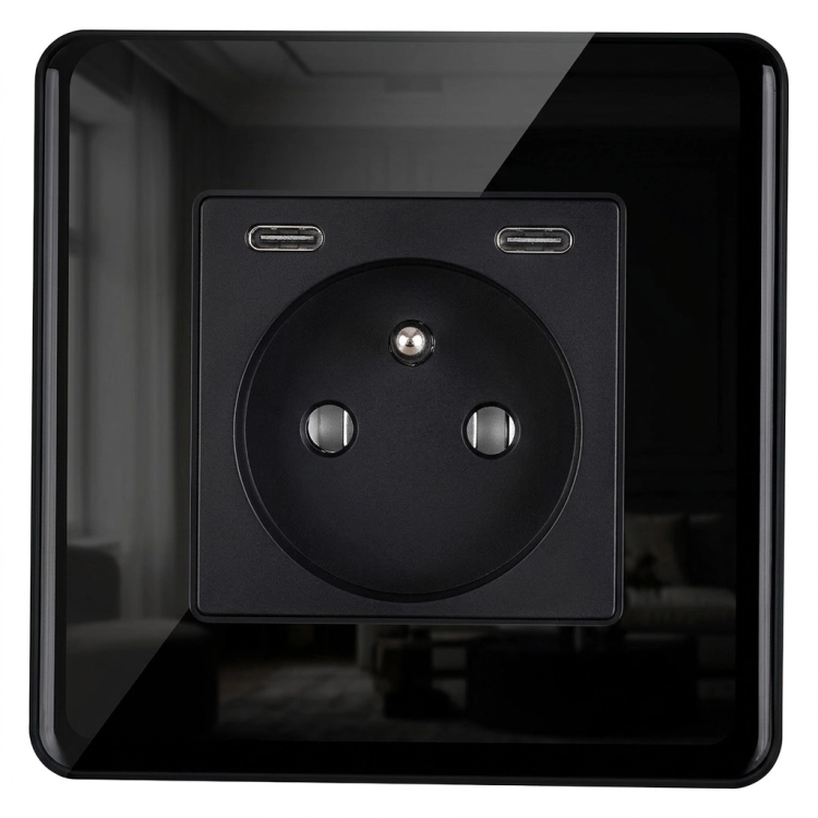 Gniazdo Szklane POŁYSK + Podwójna Ładowarka USB C+C 20W Czarne MIUUN