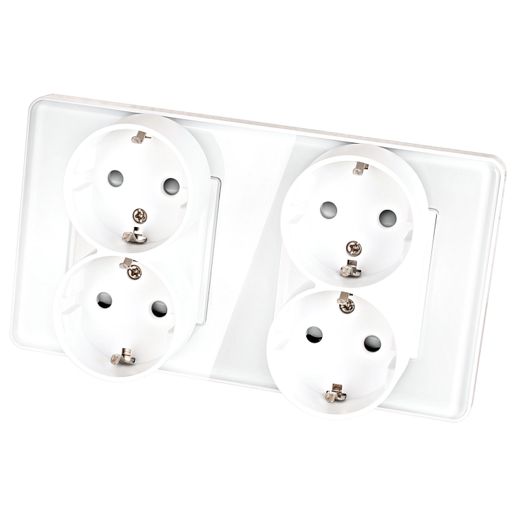 Gniazdo Poczwórne Szklane POŁYSK Schuko Białe i Ramka Podwójna 2x Gniazdko