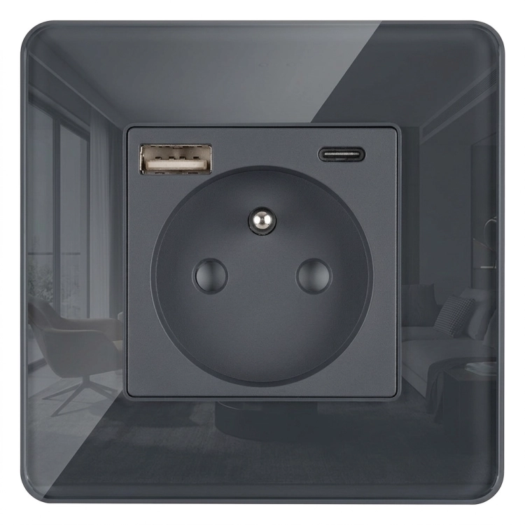 Gniazdo Szklane POŁYSK z Bolcem + Podwójna Ładowarka USB A+C 20W MIUUN