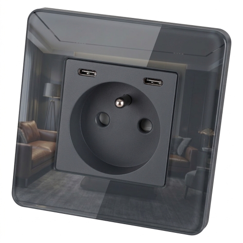 Gniazdo Szklane POŁYSK + Podwójna Ładowarka USB C+C 20W Szare MIUUN