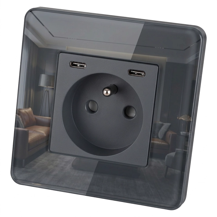 Gniazdo Szklane POŁYSK + Podwójna Ładowarka USB C+C 20W Szare MIUUN