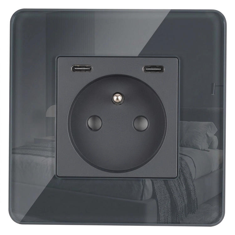 Gniazdo Szklane POŁYSK + Podwójna Ładowarka USB C+C 20W Szare MIUUN