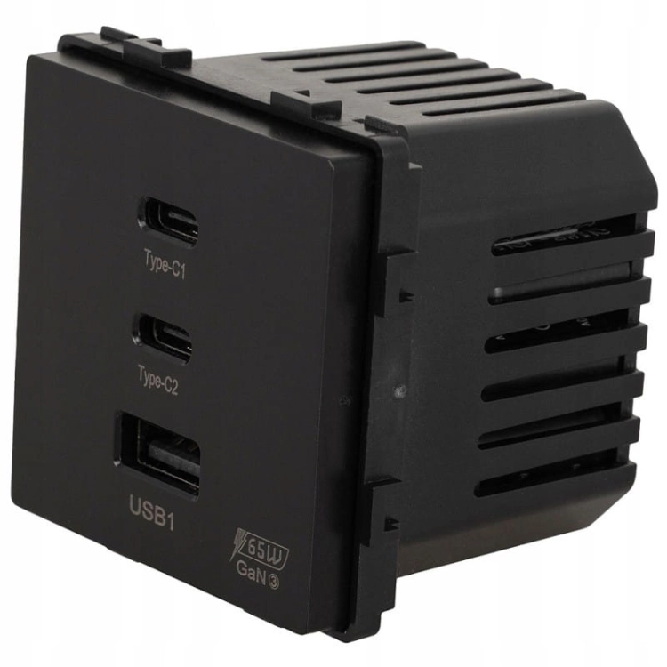 Moduł Gniazdo Potrójna Ładowarka USB 65W A+C+C Czarny do Ramek