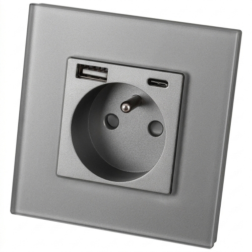 Gniazdo Szklane MATOWE z Bolcem + Podwójna Ładowarka USB A+C 20W MIUUN