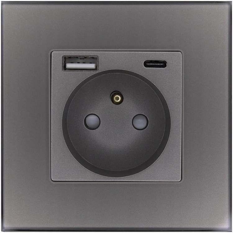 Gniazdo z Bolcem Szklane Szare + Podwójna Ładowarka USB 2.4A Typ A+C